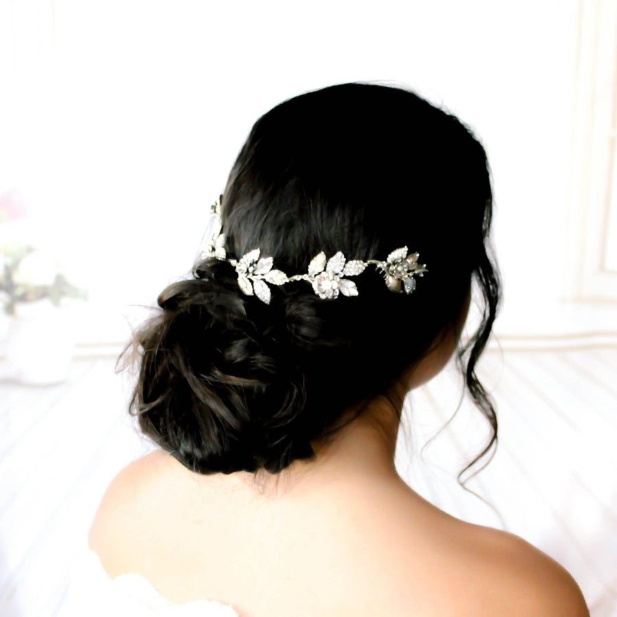 Antique silver Bridal hair vine with crystal leaves - ELENA - Treasures by Agnes