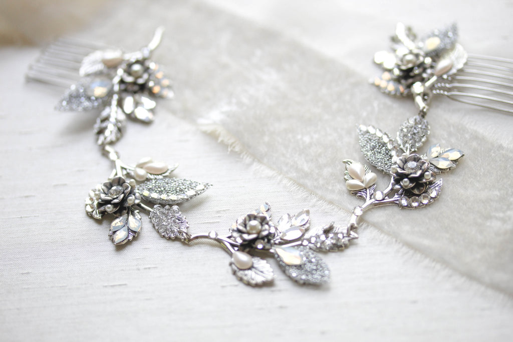 Antique silver Bridal hair vine with crystal leaves - ELENA - Treasures by Agnes