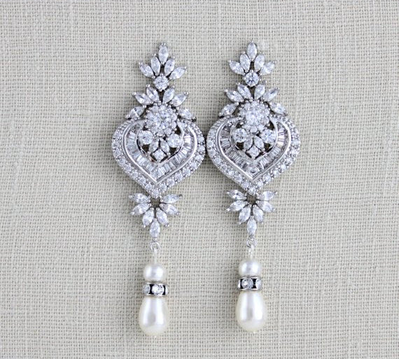 Art Deco Bridal statement earrings with pearl drops - EMMA - Treasures by Agnes