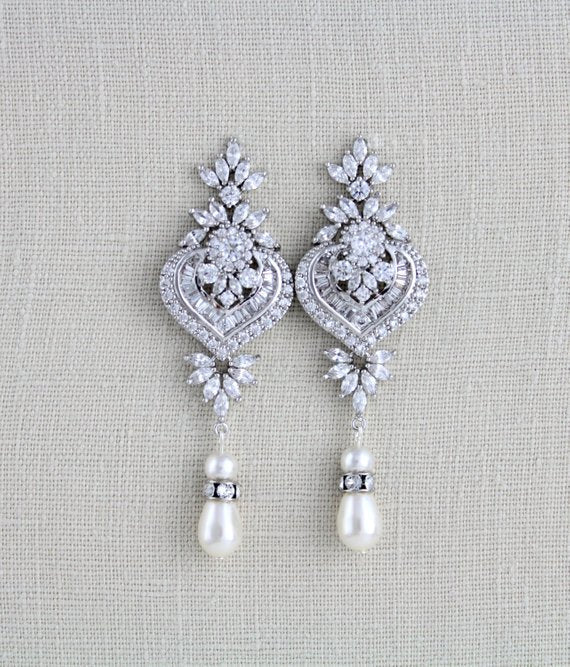 Art Deco Bridal statement earrings with pearl drops - EMMA - Treasures by Agnes