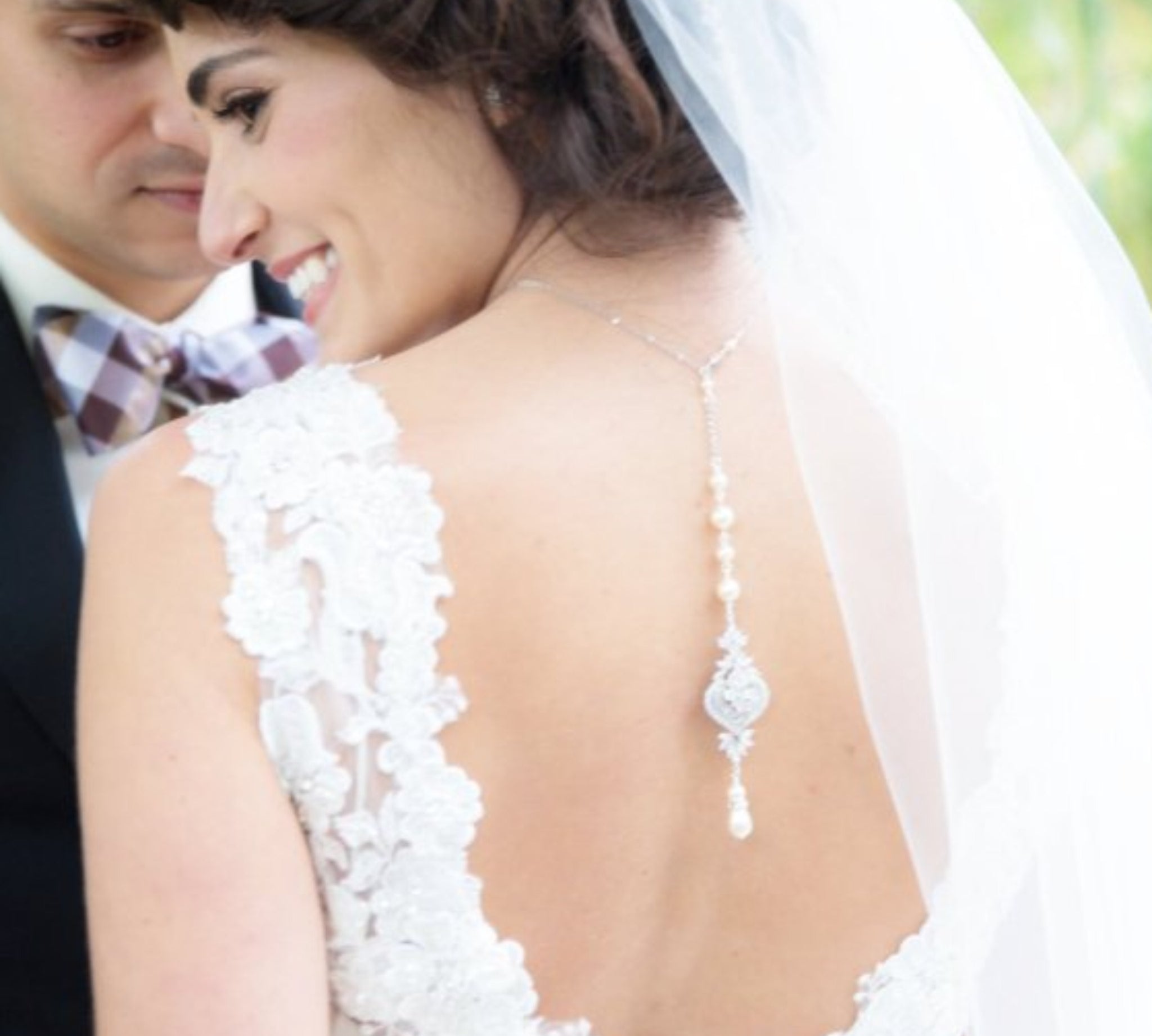 Backdrop necklace Bridal jewelry Wedding back necklace Cubic zirconia and pearls - EMMA - Treasures by Agnes