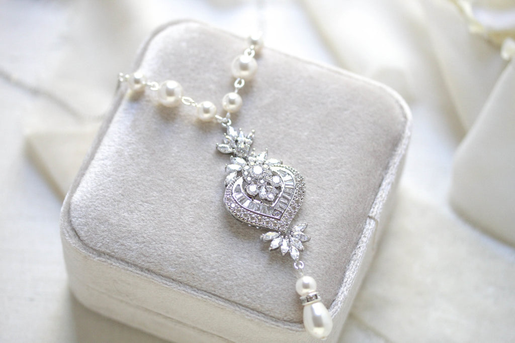 Backdrop necklace Bridal jewelry Wedding back necklace Cubic zirconia and pearls - EMMA - Treasures by Agnes