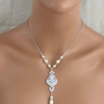 Backdrop necklace Bridal jewelry Wedding back necklace Cubic zirconia and pearls - EMMA - Treasures by Agnes