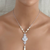 Backdrop necklace Bridal jewelry Wedding back necklace Cubic zirconia and pearls - EMMA - Treasures by Agnes