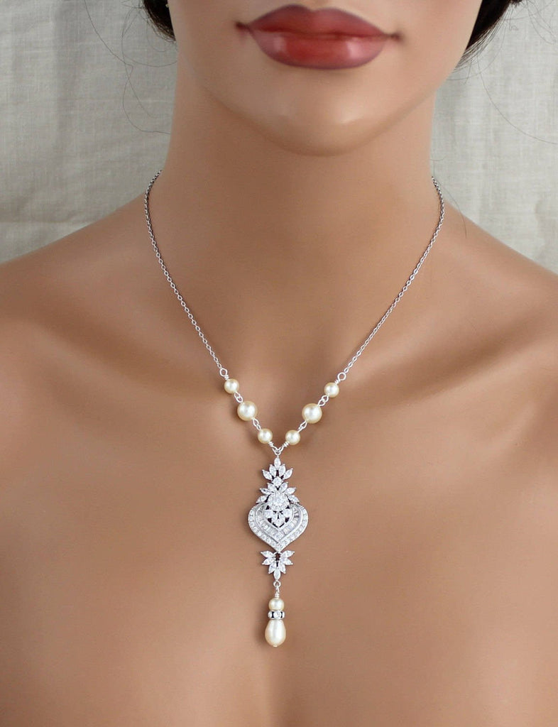 Backdrop necklace Bridal jewelry Wedding back necklace Cubic zirconia and pearls - EMMA - Treasures by Agnes