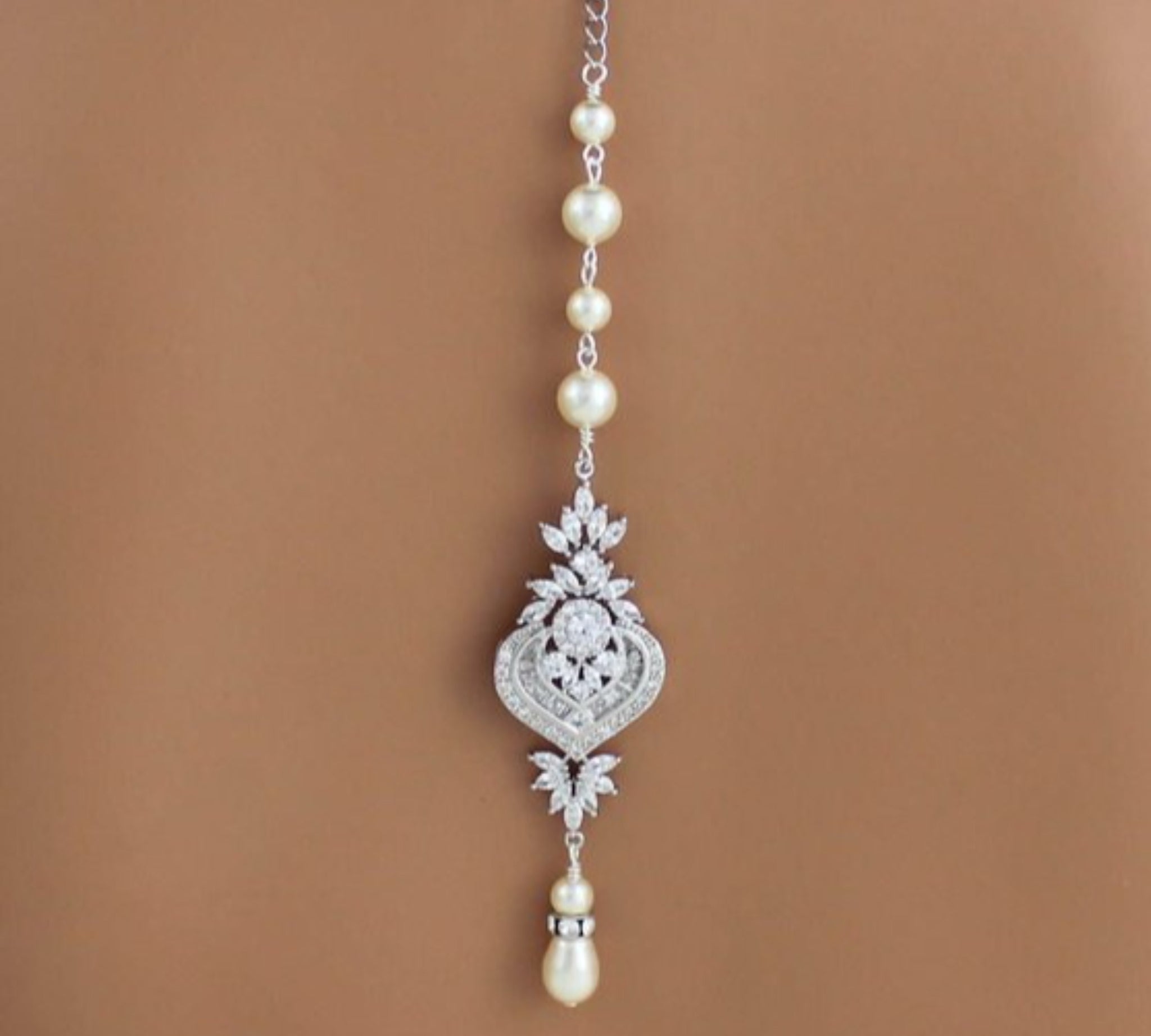 Backdrop necklace Bridal jewelry Wedding back necklace Cubic zirconia and pearls - EMMA - Treasures by Agnes