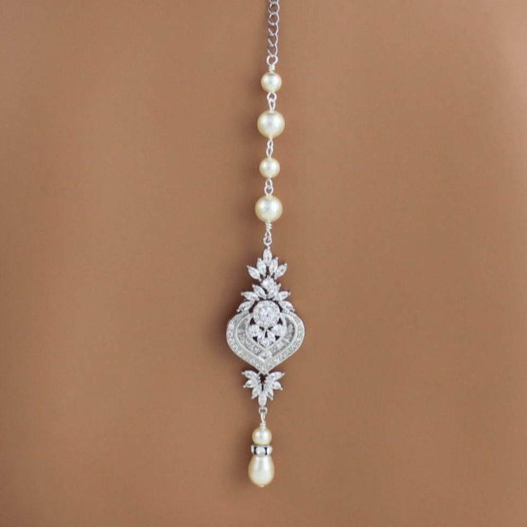 Backdrop necklace Bridal jewelry Wedding back necklace Cubic zirconia and pearls - EMMA - Treasures by Agnes