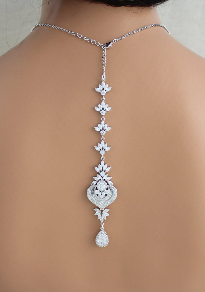 Bridal Backdrop necklace Crystal Wedding jewelry - EMMA - Treasures by Agnes