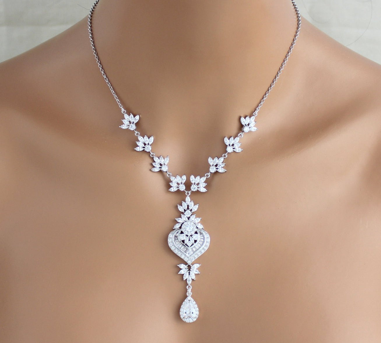 Bridal Backdrop necklace Crystal Wedding jewelry - EMMA - Treasures by Agnes