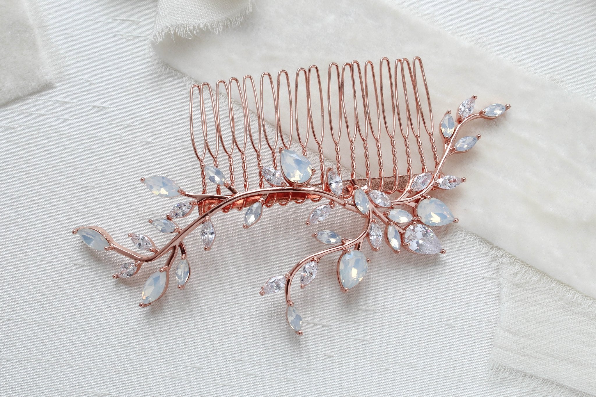 Bridal hair comb with vine design and white opal crystal accents - APRILLE - Treasures by Agnes