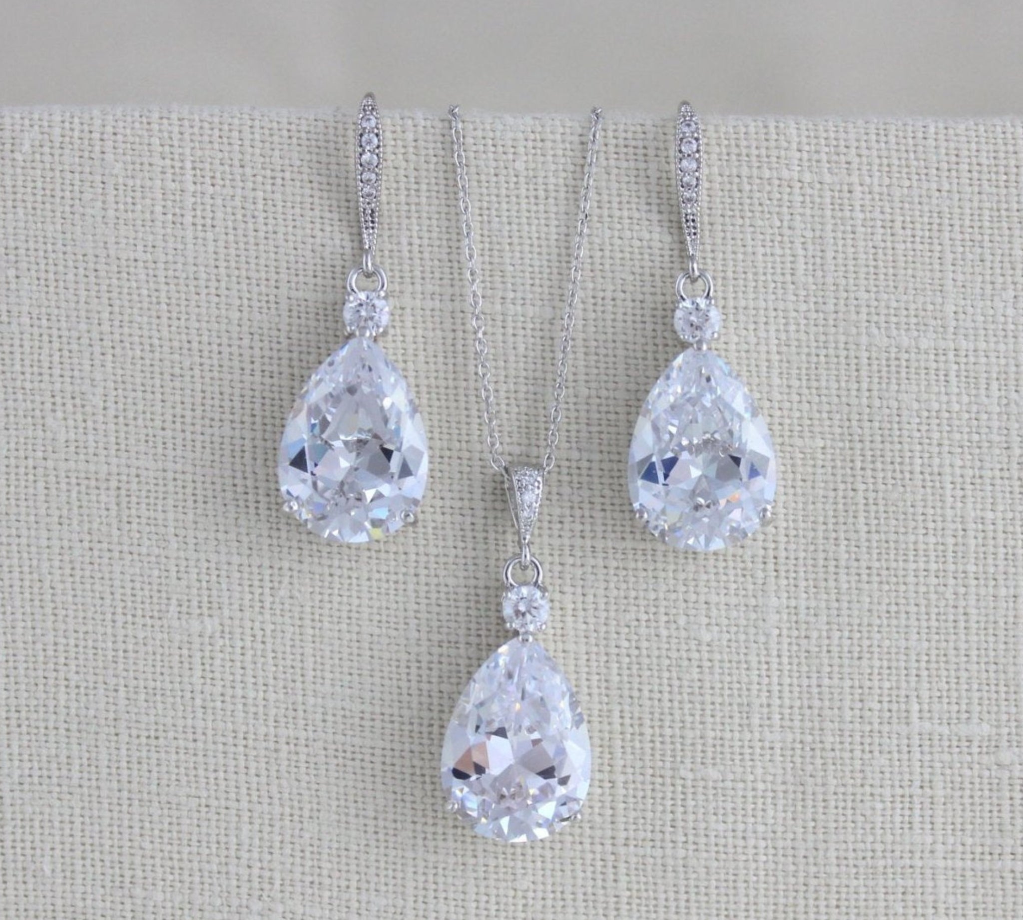 Bridal jewelry set with Cubic zirconia stones, Bridesmaid necklace and earrings - PEYTON - Treasures by Agnes