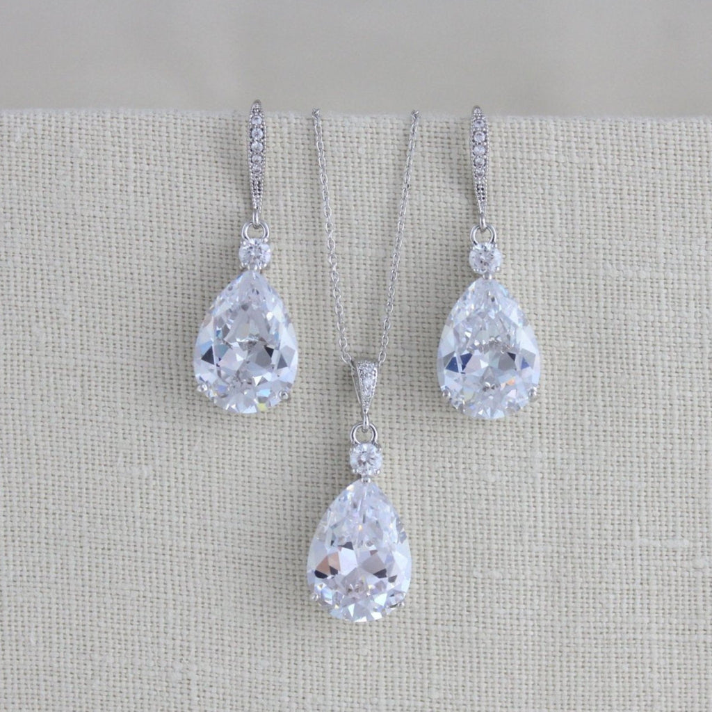 Bridal jewelry set with Cubic zirconia stones, Bridesmaid necklace and earrings - PEYTON - Treasures by Agnes
