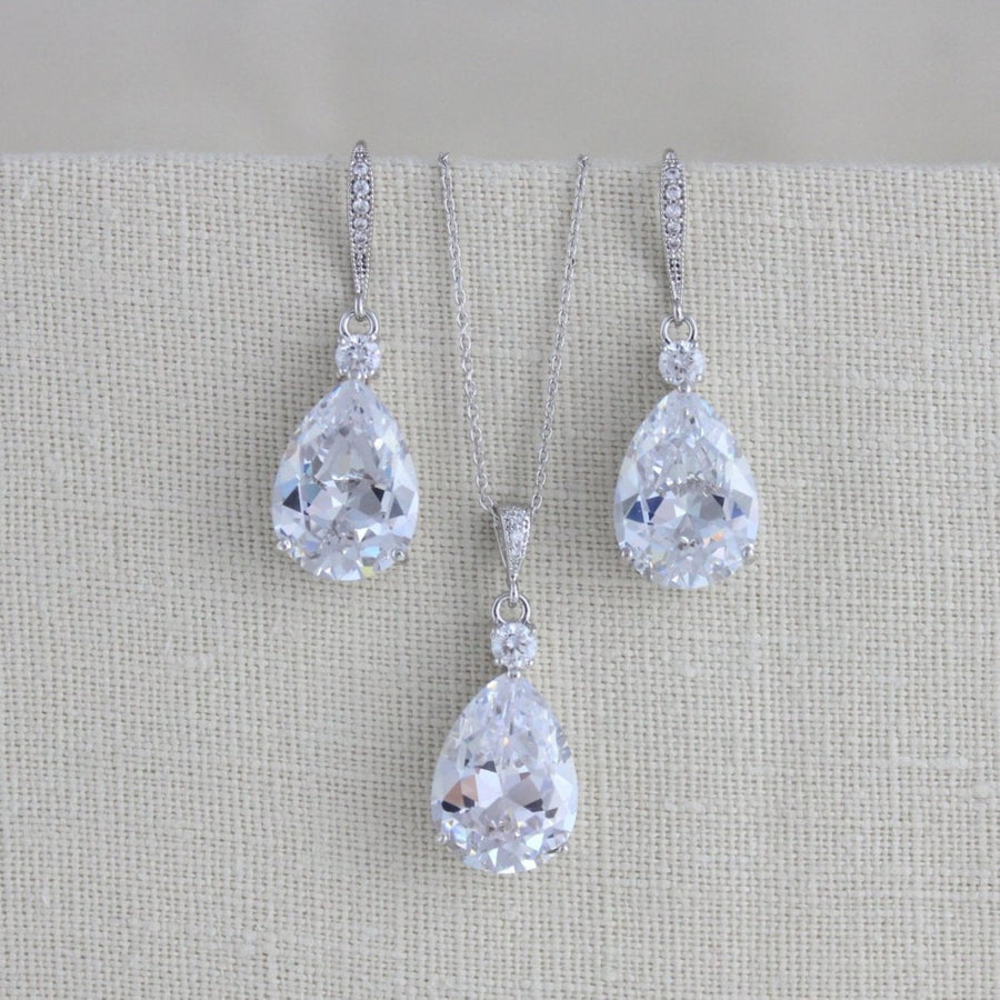 Bridal jewelry set with Cubic zirconia stones, Bridesmaid necklace and earrings - PEYTON - Treasures by Agnes