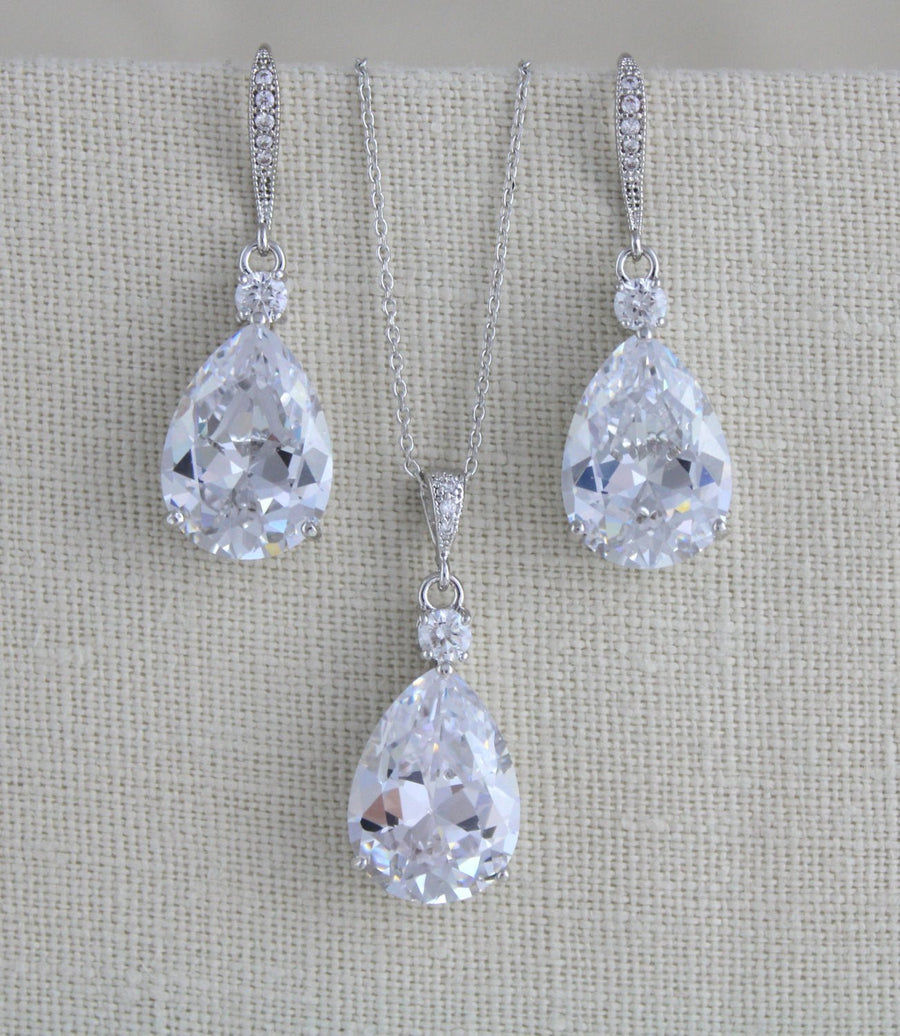 Bridal jewelry set with Cubic zirconia stones, Bridesmaid necklace and earrings - PEYTON - Treasures by Agnes