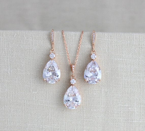 Bridal jewelry set with Cubic zirconia stones, Bridesmaid necklace and earrings - PEYTON - Treasures by Agnes