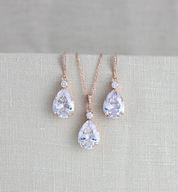 Bridal jewelry set with Cubic zirconia stones, Bridesmaid necklace and earrings - PEYTON - Treasures by Agnes