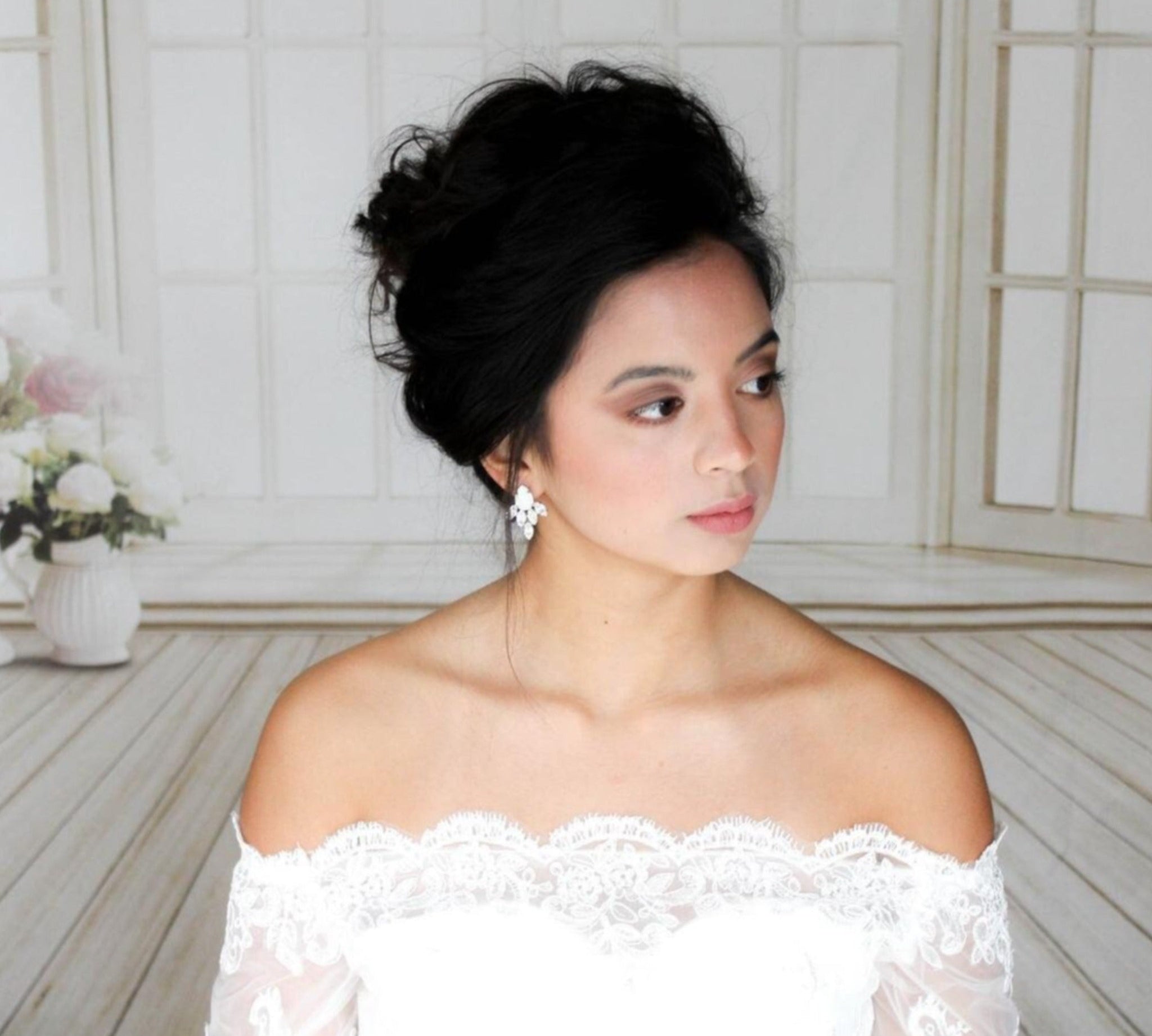 Rose gold stud Bridal earrings with blush crystal center - CLARA 