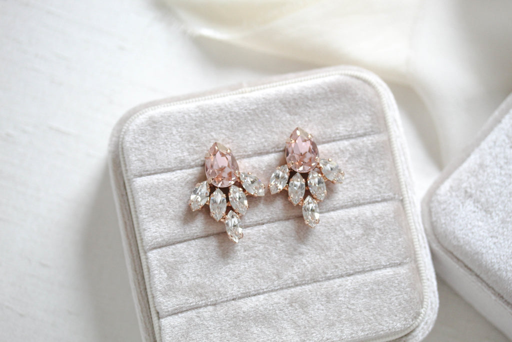 Rose gold stud Bridal earrings with blush crystal center - CLARA 