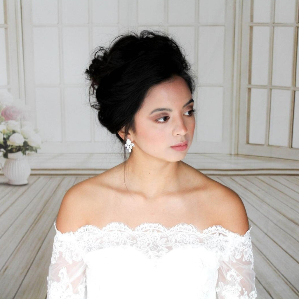 CLARA White opal Crystal stud Bridal earrings - Treasures by Agnes