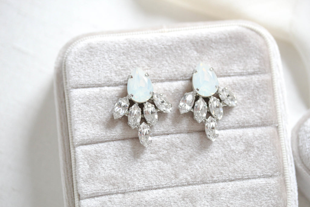 CLARA White opal Crystal stud Bridal earrings - Treasures by Agnes
