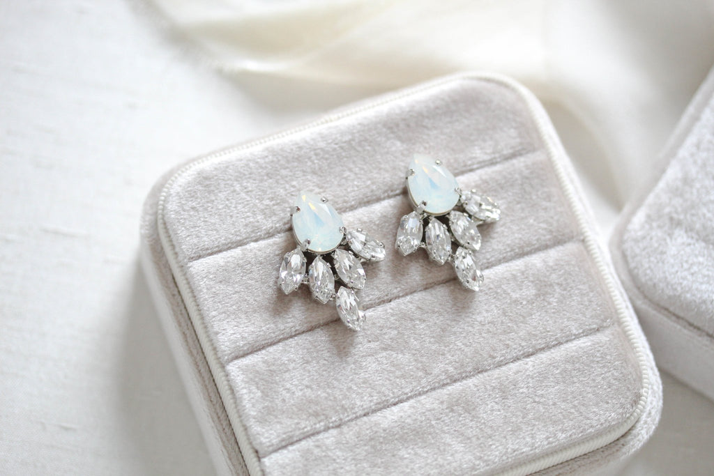 CLARA White opal Crystal stud Bridal earrings - Treasures by Agnes
