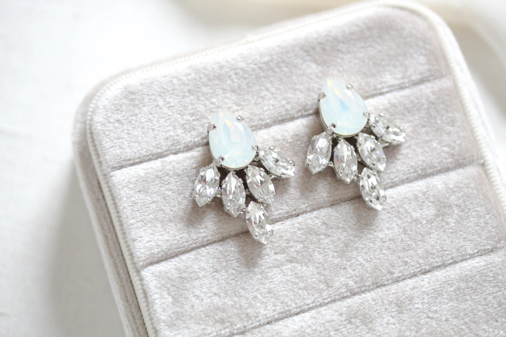 CLARA White opal Crystal stud Bridal earrings - Treasures by Agnes