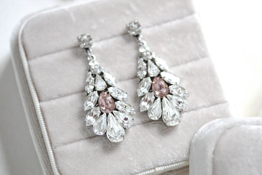 Crystal bridal earrings with blush pink accent - HAILEY - Treasures by Agnes