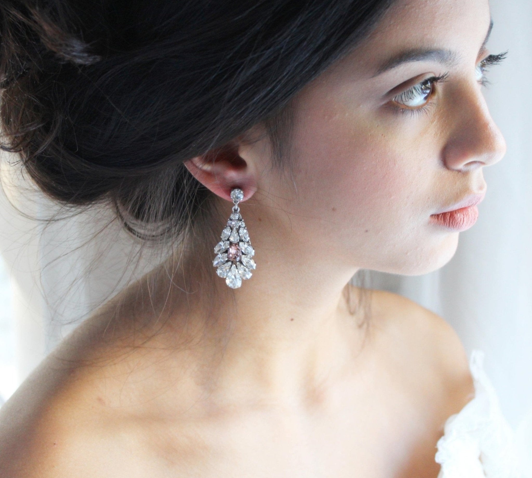 Crystal bridal earrings with blush pink accent - HAILEY - Treasures by Agnes