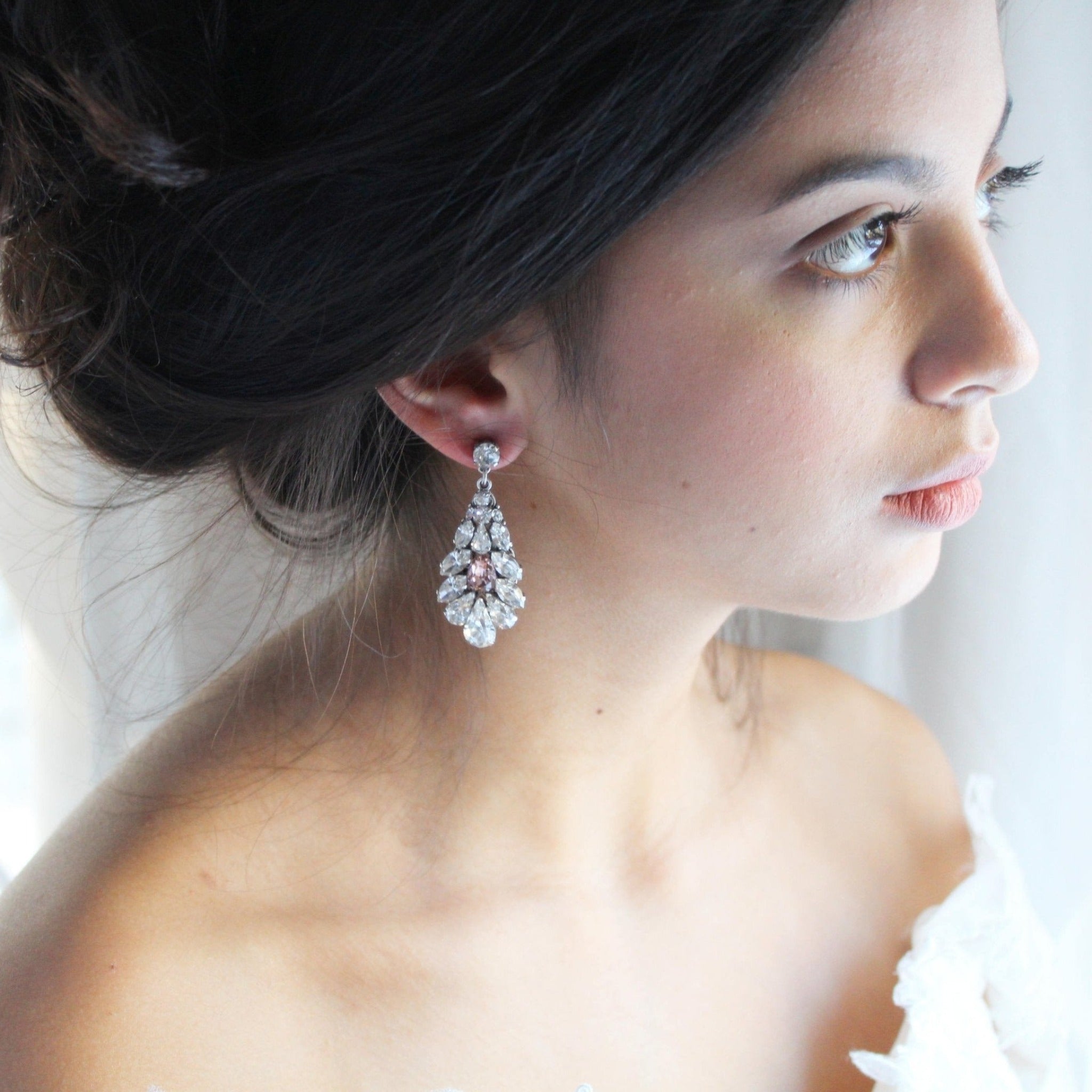 Crystal bridal earrings with blush pink accent - HAILEY - Treasures by Agnes