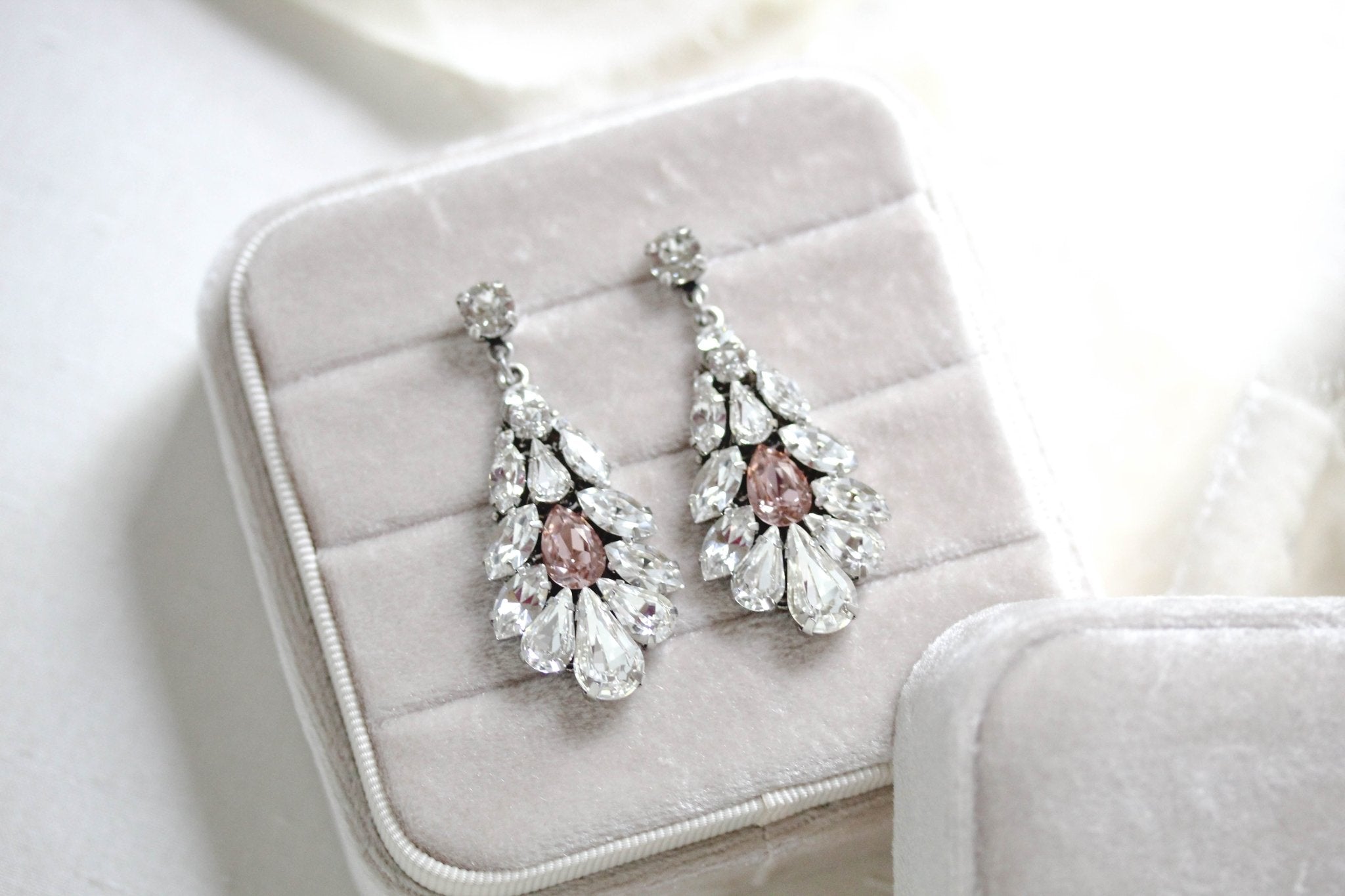 Crystal bridal earrings with blush pink accent - HAILEY - Treasures by Agnes