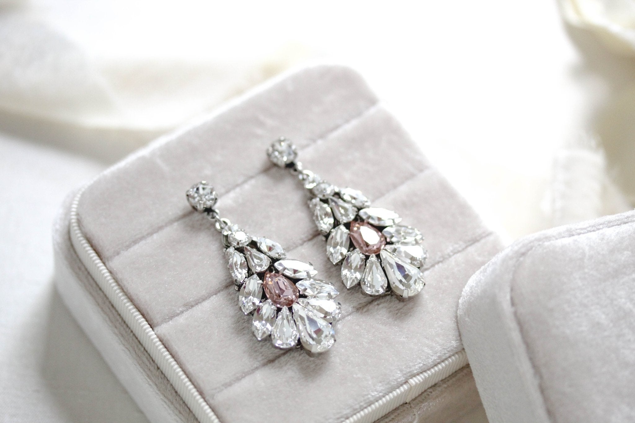 Crystal bridal earrings with blush pink accent - HAILEY - Treasures by Agnes