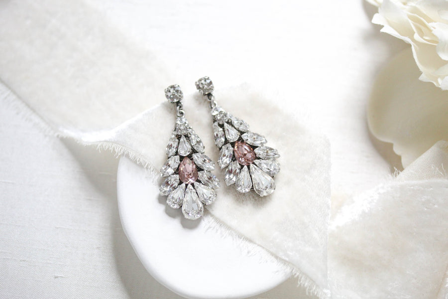Crystal bridal earrings with blush pink accent - HAILEY - Treasures by Agnes