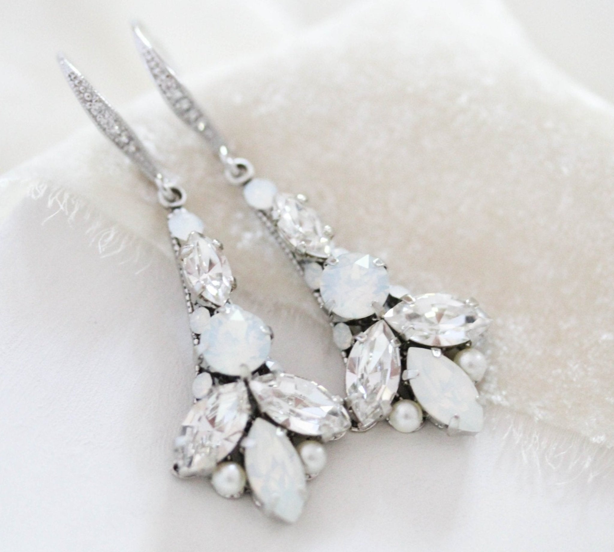 Crystal Art Deco Bridal earrings with white opal accents - PALMER