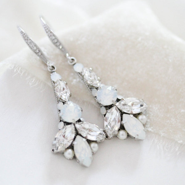 Crystal Art Deco Bridal earrings with white opal accents - PALMER