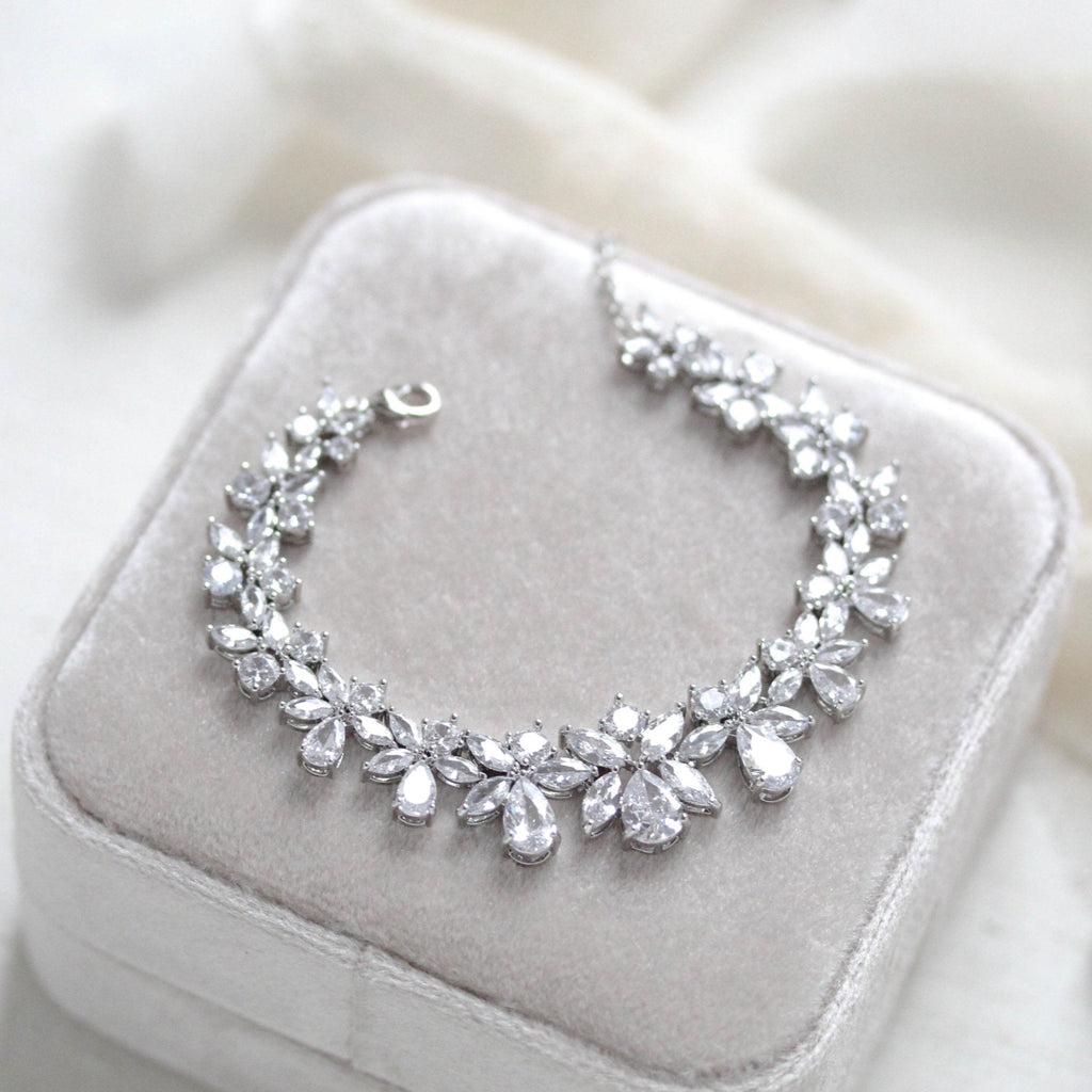 Cubic zirconia bridal bracelet clustered leaf design - AUBREE - Treasures by Agnes