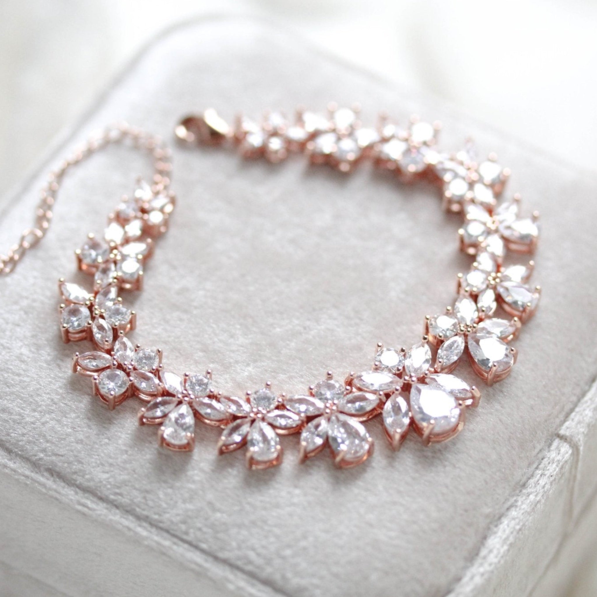 Cubic zirconia bridal bracelet clustered leaf design - AUBREE - Treasures by Agnes