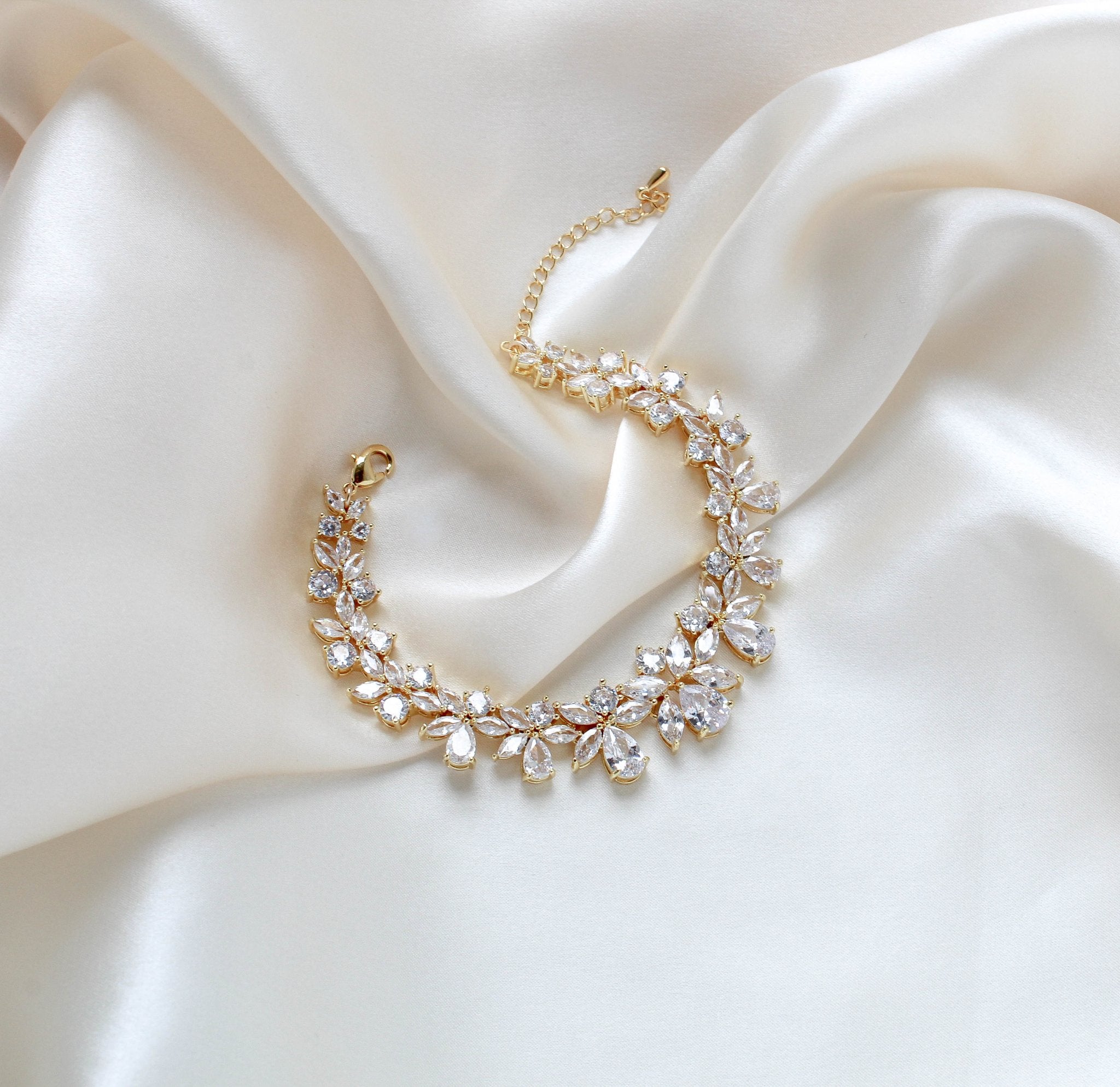 Cubic zirconia bridal bracelet clustered leaf design - AUBREE - Treasures by Agnes