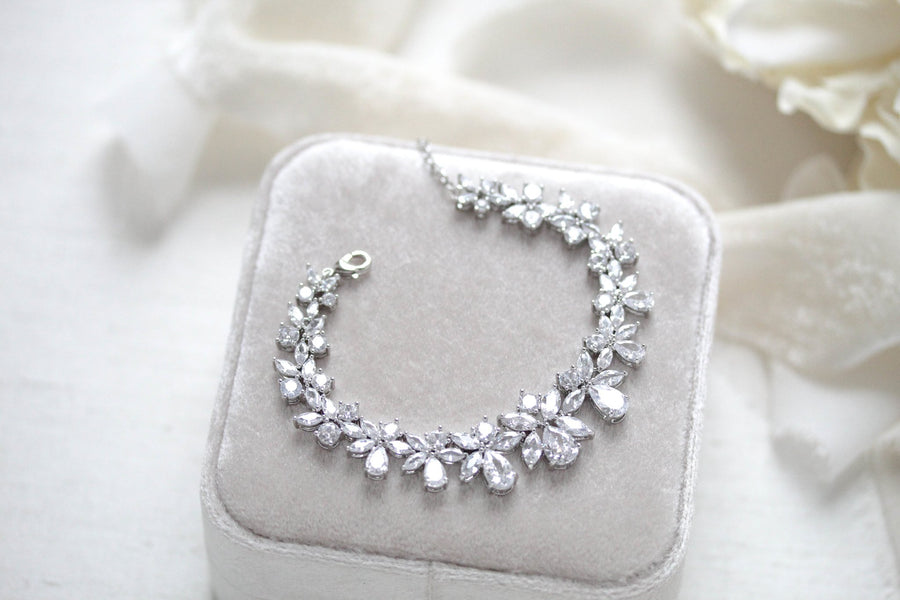 Cubic zirconia bridal bracelet clustered leaf design - AUBREE - Treasures by Agnes