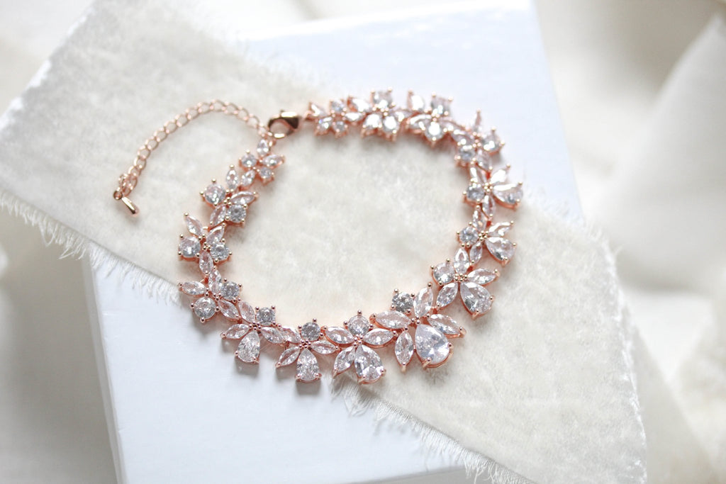 Cubic zirconia bridal bracelet clustered leaf design - AUBREE - Treasures by Agnes
