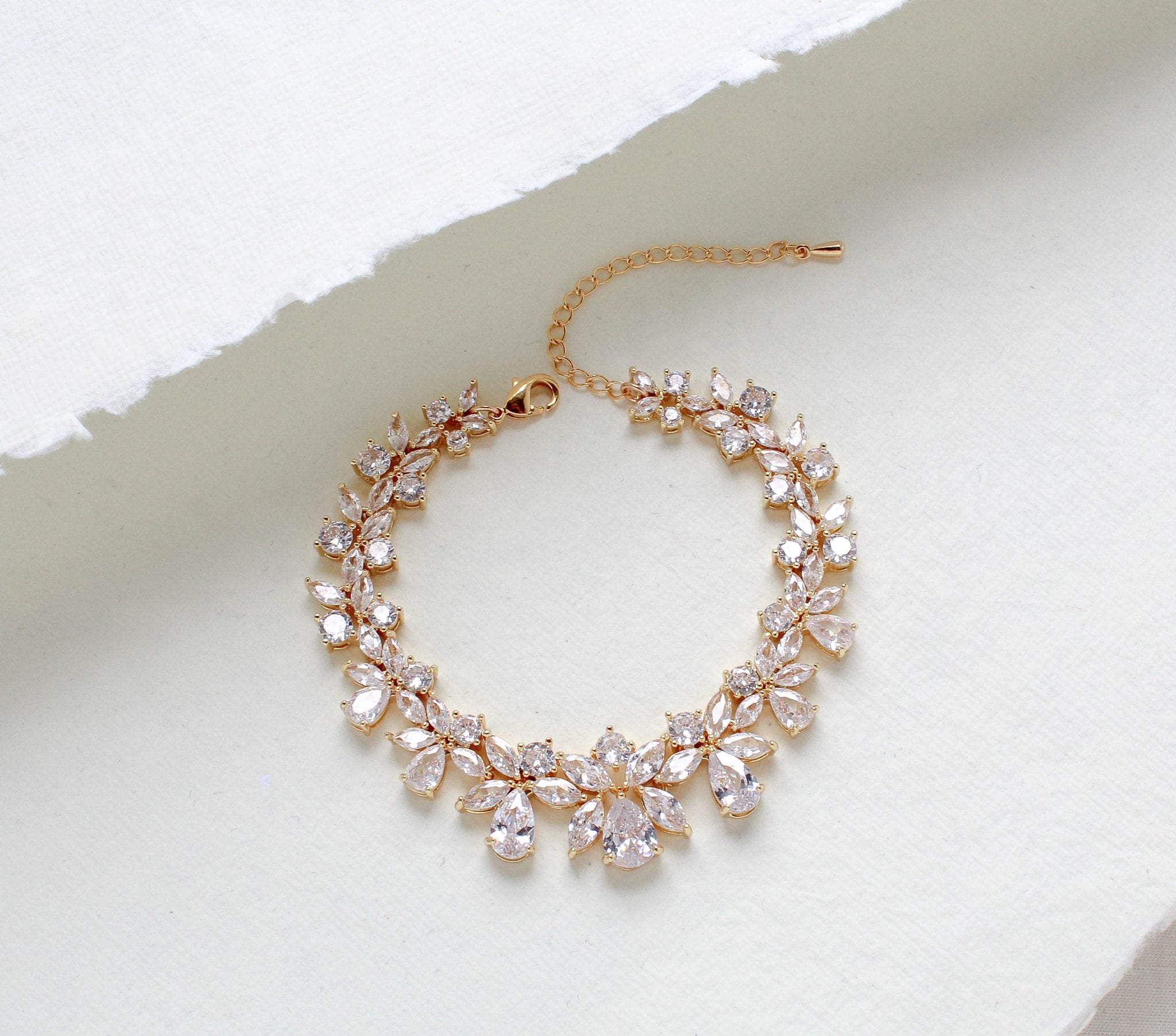 Cubic zirconia bridal bracelet clustered leaf design - AUBREE - Treasures by Agnes