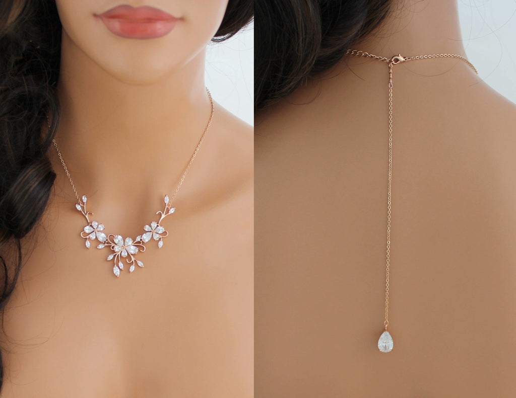 Dainty Rose gold CZ Bridal back drop necklace - TAYLOR - Treasures by Agnes