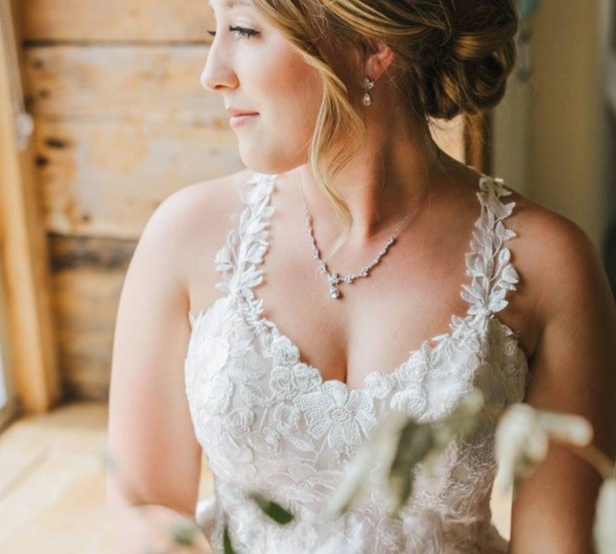 Dainty rose gold CZ bridal necklace and earring set - MARISOL