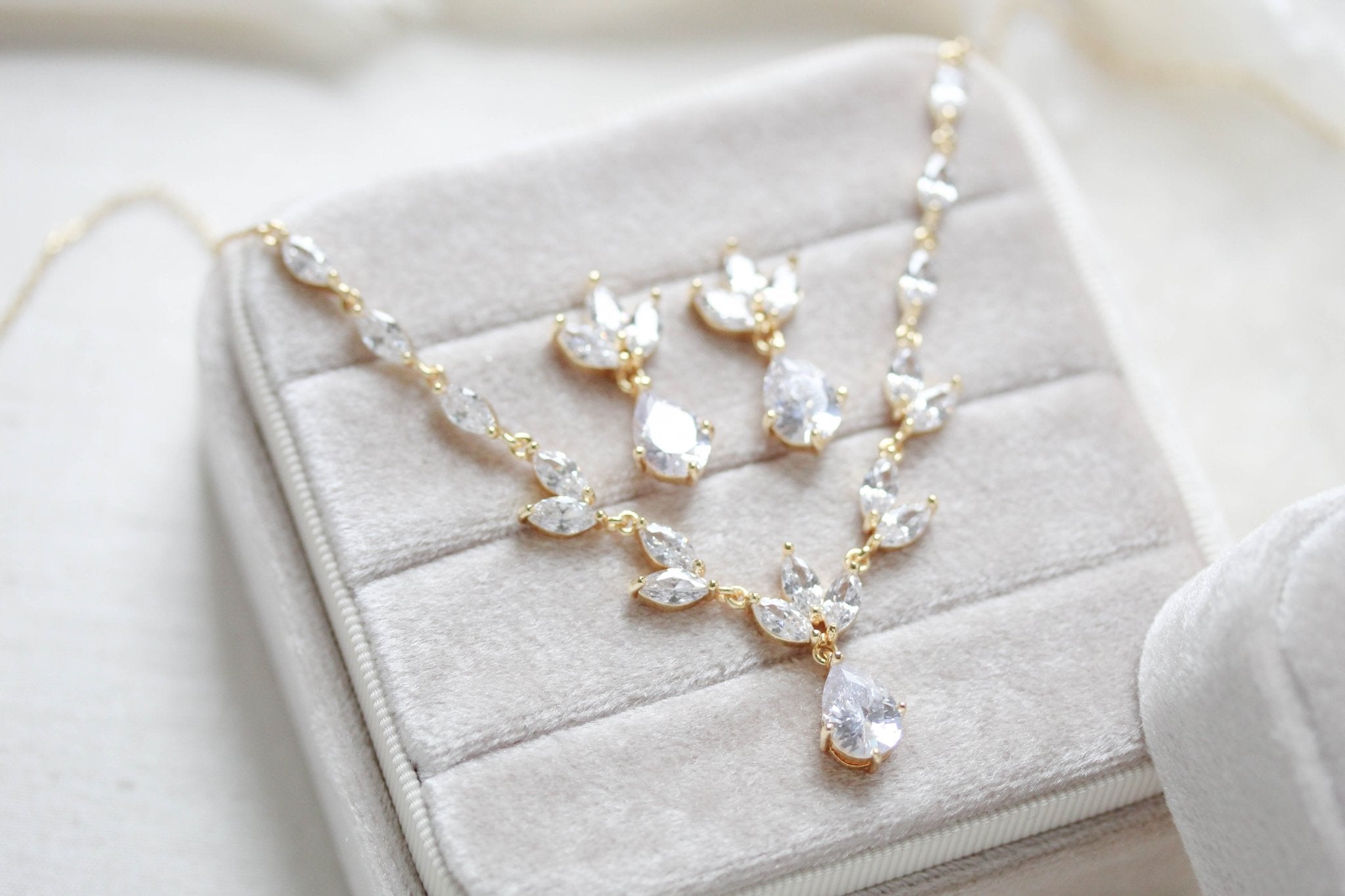 Dainty rose gold CZ bridal necklace and earring set - MARISOL