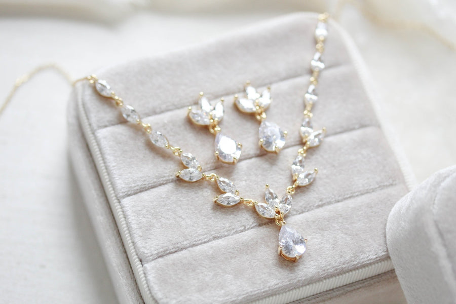Dainty rose gold CZ bridal necklace and earring set - MARISOL