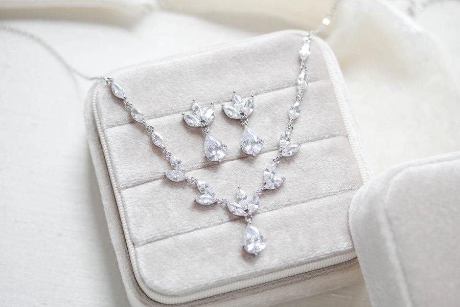Dainty rose gold CZ bridal necklace and earring set - MARISOL