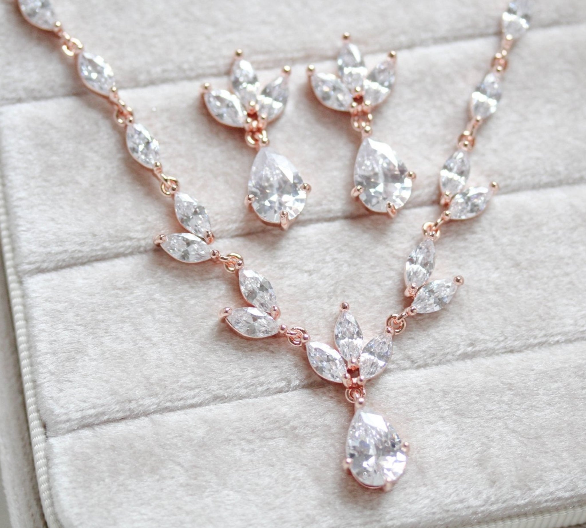 Dainty rose gold CZ bridal necklace and earring set - MARISOL