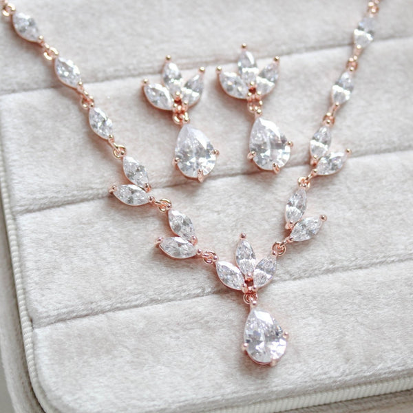 Dainty rose gold CZ bridal necklace and earring set - MARISOL