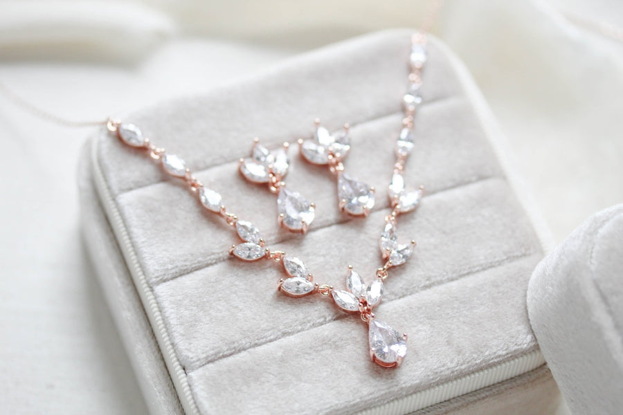 Dainty rose gold CZ bridal necklace and earring set - MARISOL