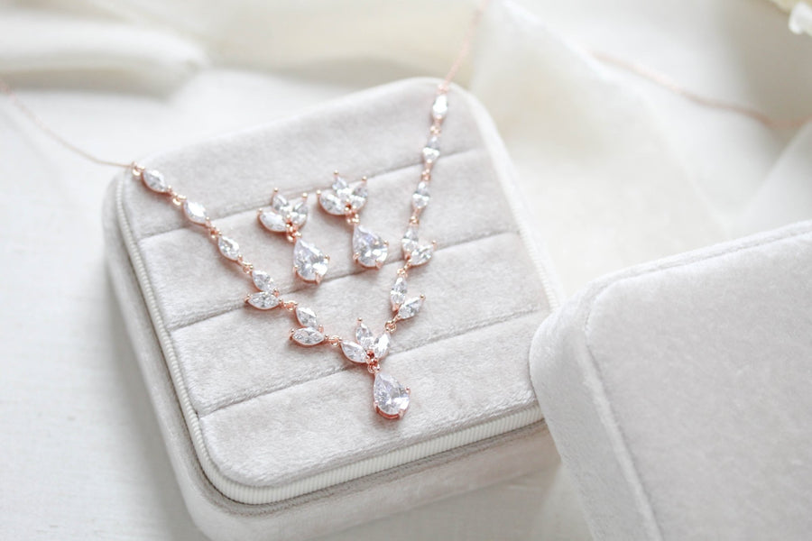 Dainty rose gold CZ bridal necklace and earring set - MARISOL