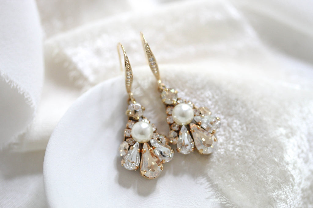 Delicate Antique gold Austrian crystal drop Bridal earrings - SYLVIA